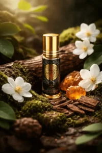 Flacon de parfum au musc posé dans une mise en scène naturelle avec bois, mousse et fleurs blanche