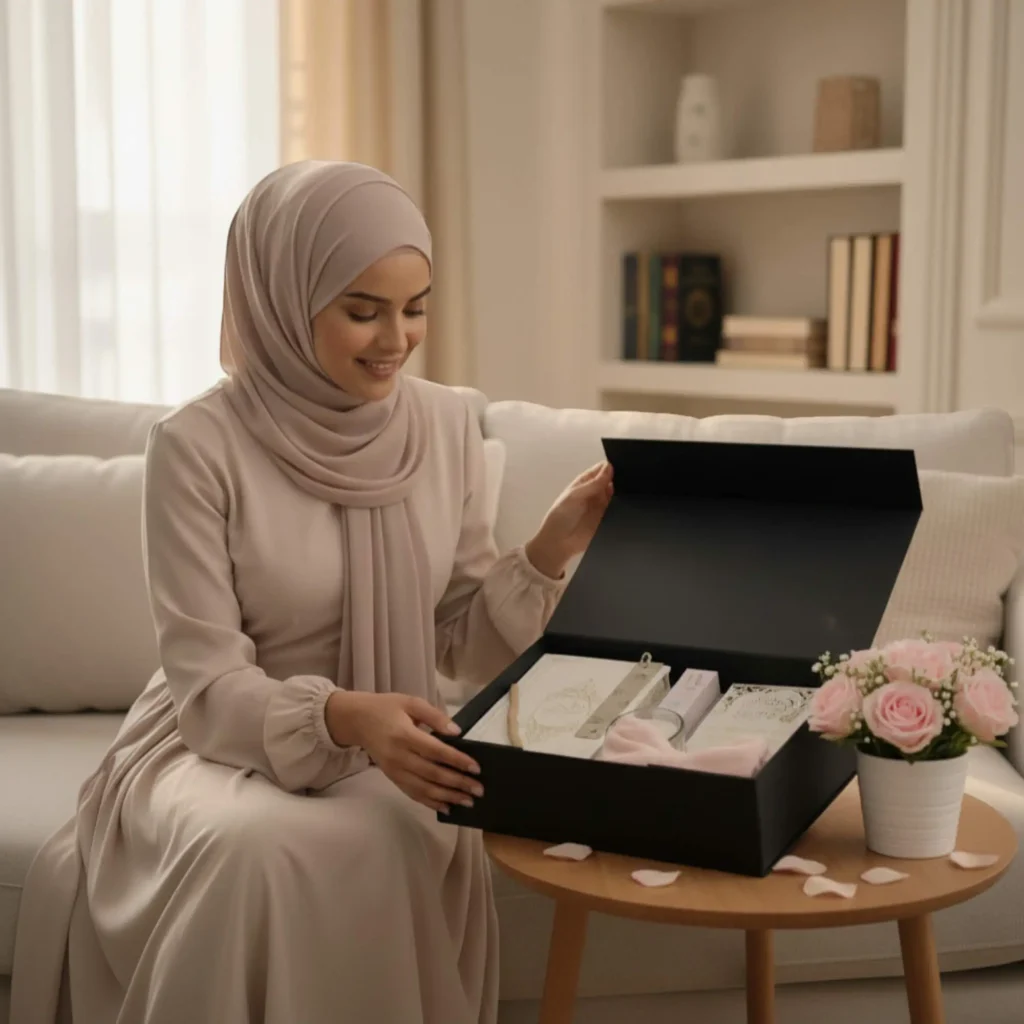 Femme en hijab avec un coffret cadeau islamique instant de paix