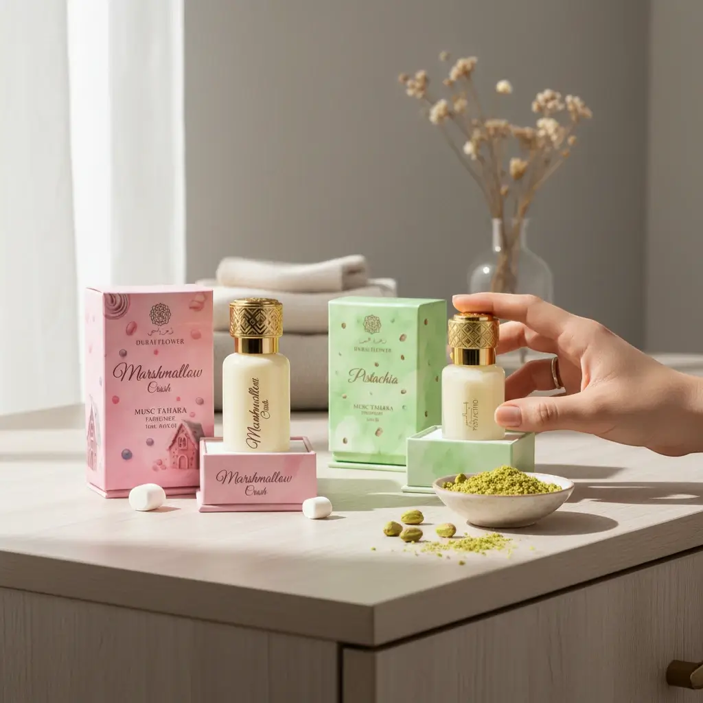 Musc Tahara pistachio et marshmallow posé sur une table instant de paix